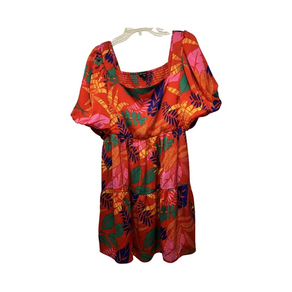 Skies Are Blue Puffed Sleeve Square Neck Tropical Print Dress in Red, Large - Picture 6 of 10
